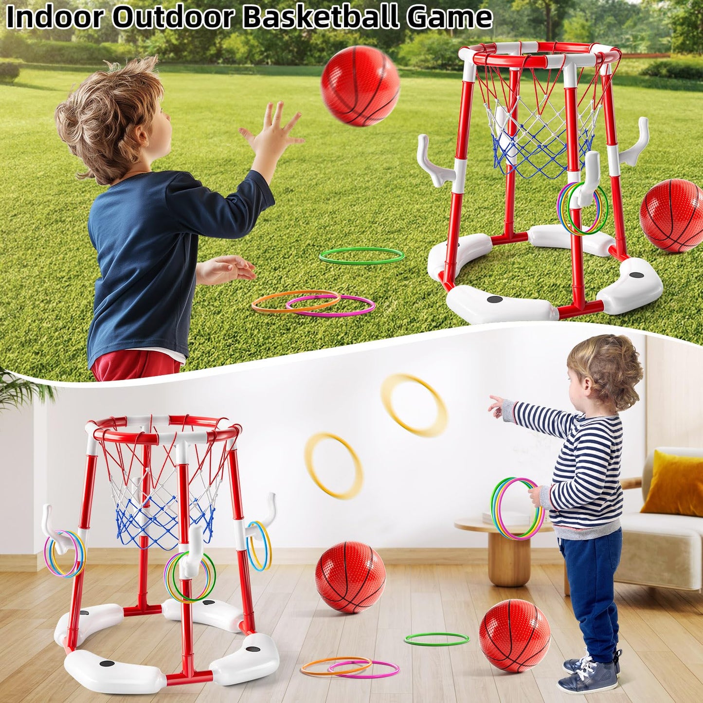 Niplooow Pool Basketball Hoop, 2-In-1 Floating Pool Toys Ring Game With 4 Balls And Pump, Outdoor Swimming Pool Basketball Games