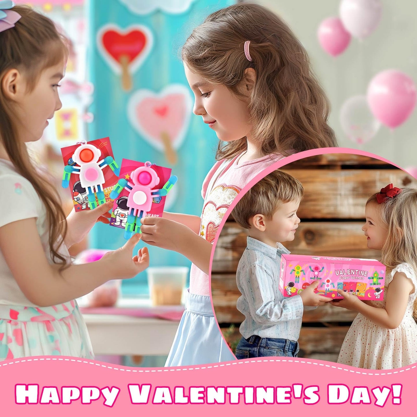 28 Pack Valentines Day Gifts for Kids - Astronaut Finger Spinners with Cards for School Exchanges, Classroom Activities, Game P