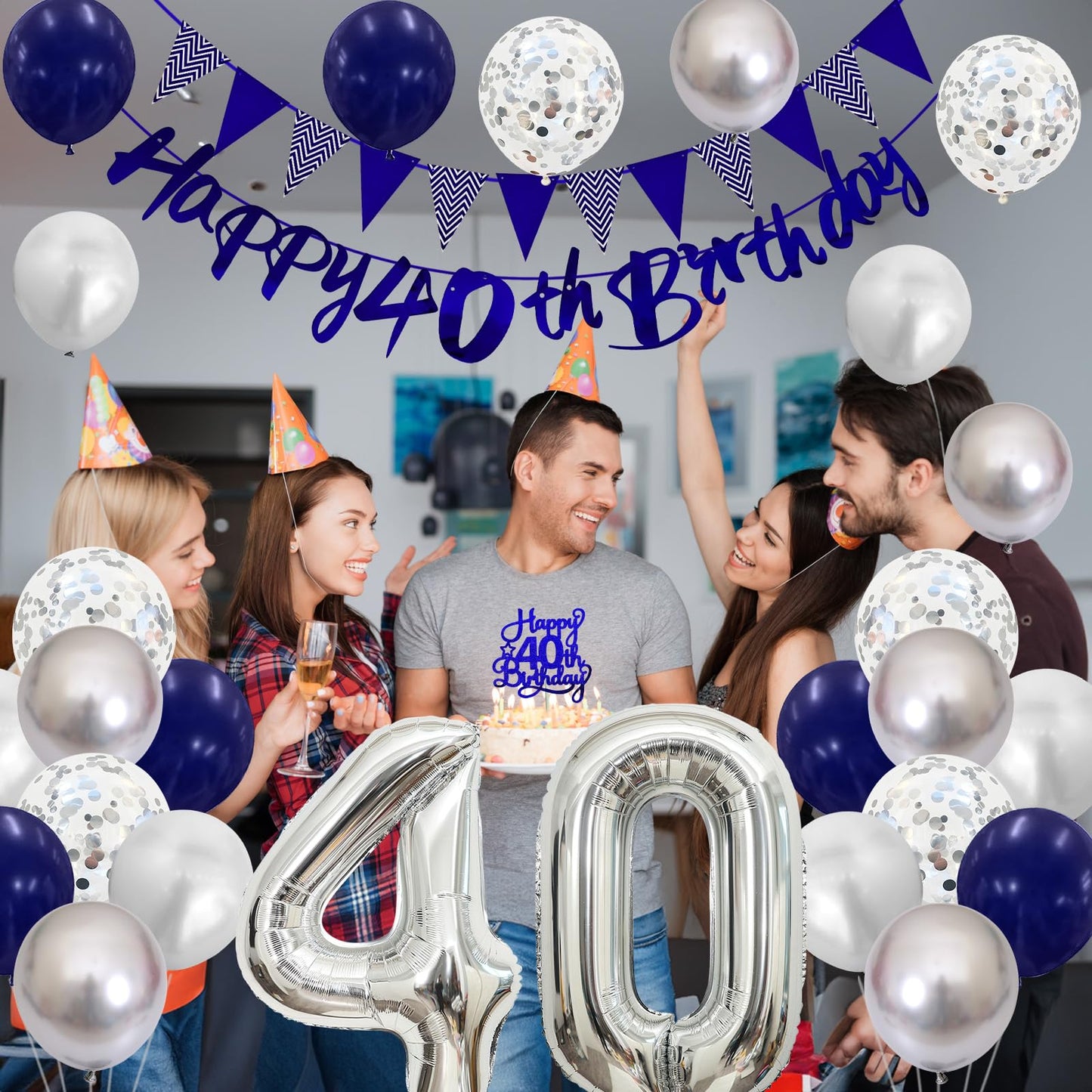 40Th Birthday Decorations For Men, Navy Blue Silver 40Th Birthday Balloons With Blue Happy 40Th Birthday Banner 40 Birthday Cake