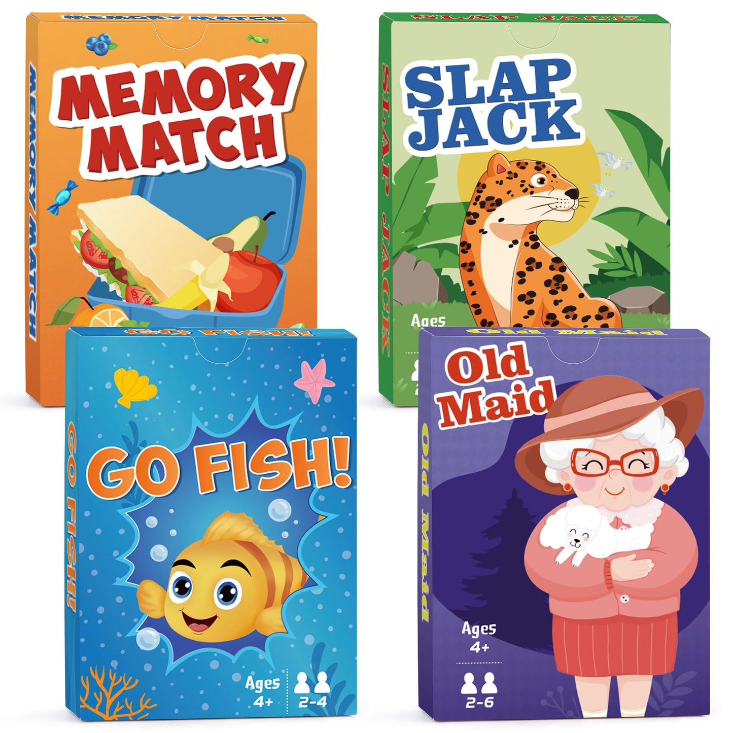 Card Games Go Fish,Old Maid,Slap Jack And Memory Match-4 Decks In 1 Pack,Classic Card Games For Kids Toddlers,Fun Kids Games For