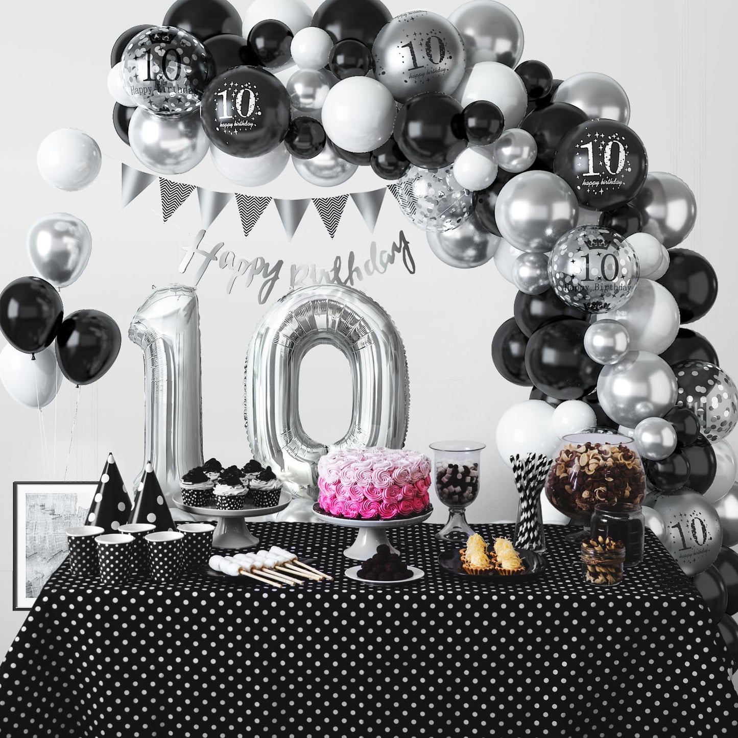 10Th Birthday Decorations Black Silver,10Th Birthday Balloon Garland Party Decorations With Number 10 Foil Balloons,Happy Birthd