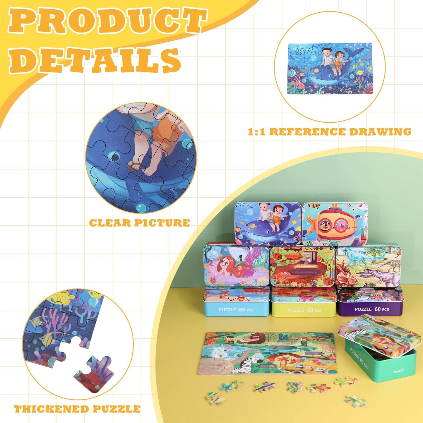 Libima 9 Boxes Party Favors Jigsaw Puzzles In A Metal Box For Age Of 4-8, Wooden Puzzle For Ages 4-8 Boys And Girls Learning Edu