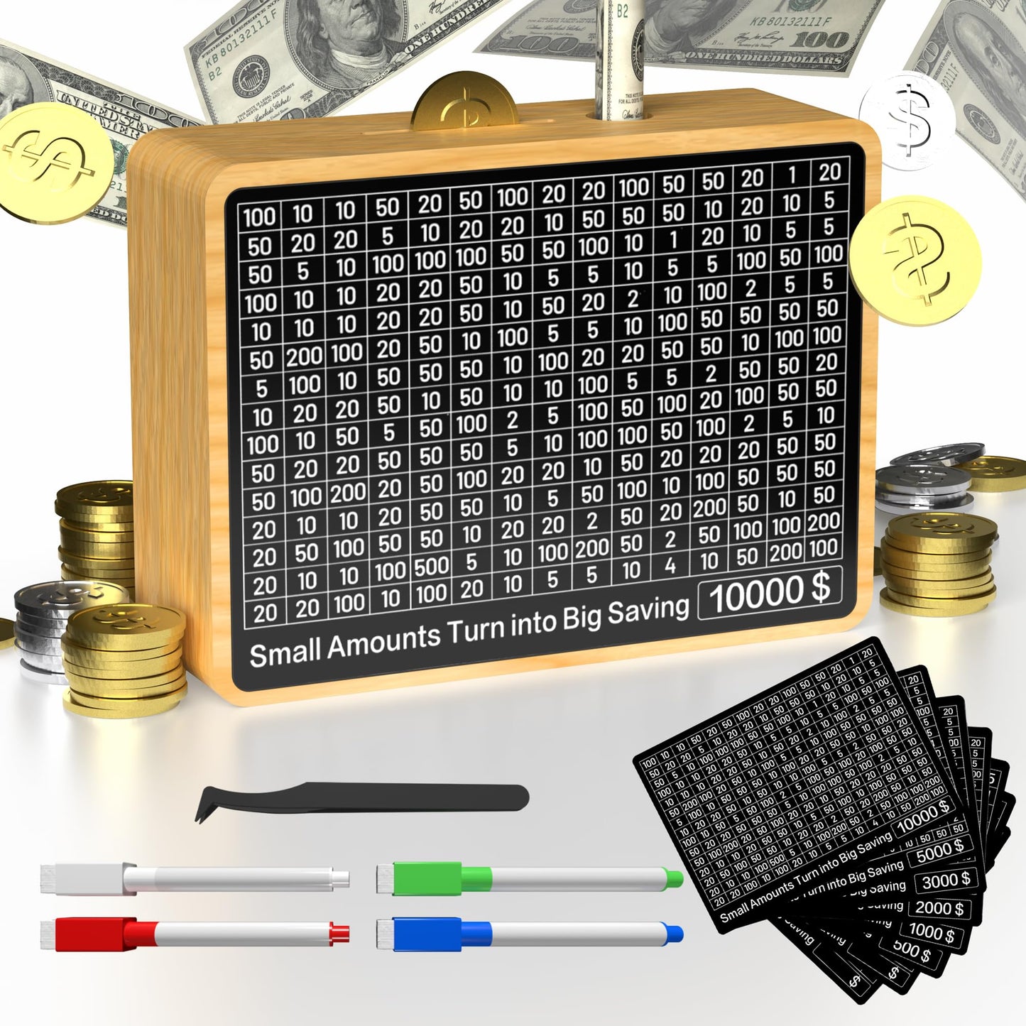 10000 Savings Box Challenge Money With 8 Targets ($500-$10K) Cash Vault Wooden Money Saving Box 10000 Piggy Bank For Kids Adults