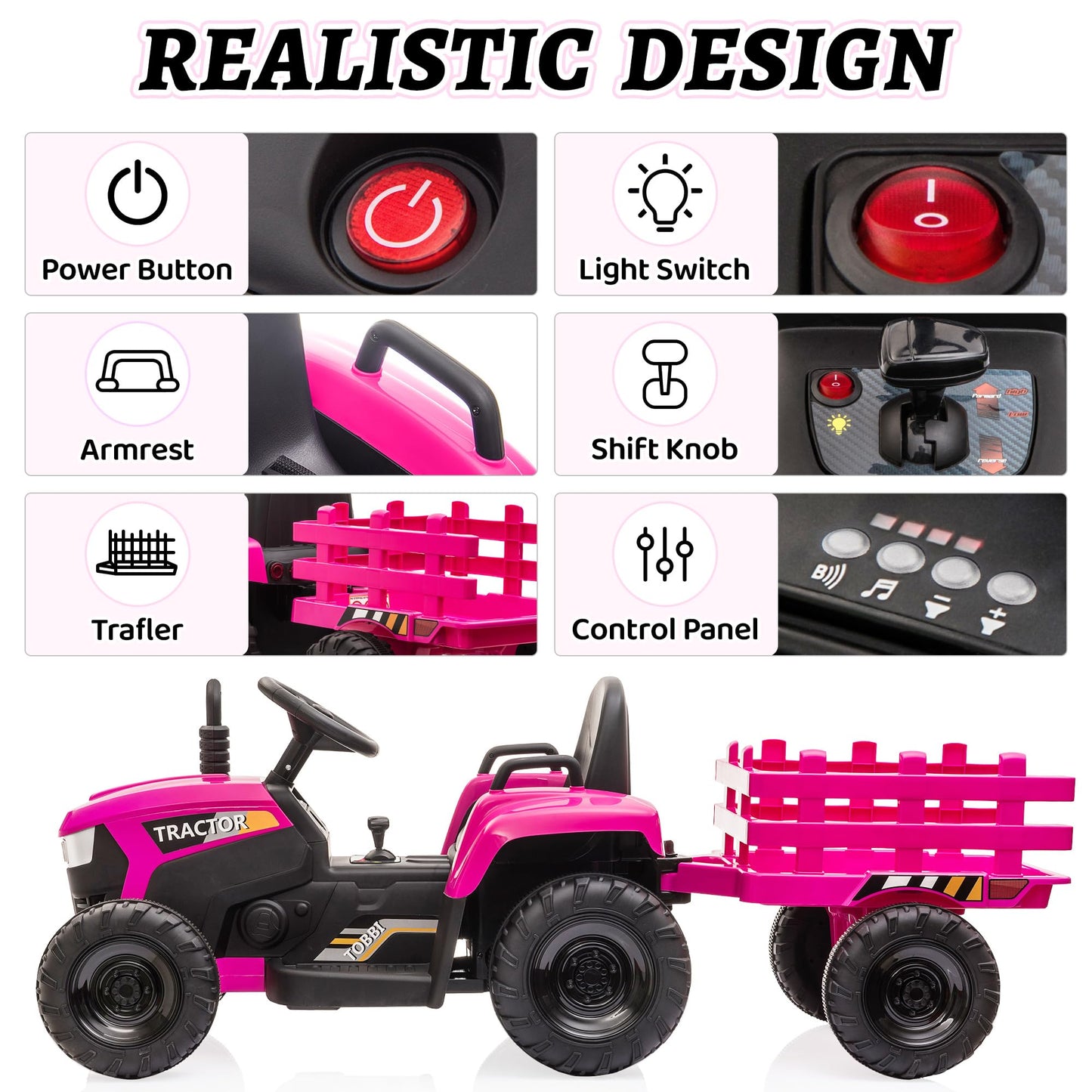 Tobbi Kids Electric Ride On Toy Tractor, 12V Battery-Powered 4 Wheels Ride On Car With Trailer, 35W Dual Motors/3-Gear-Shift/Led Lights/Usb Audio Functions For Toddlers 3-6 Years-Rose Red