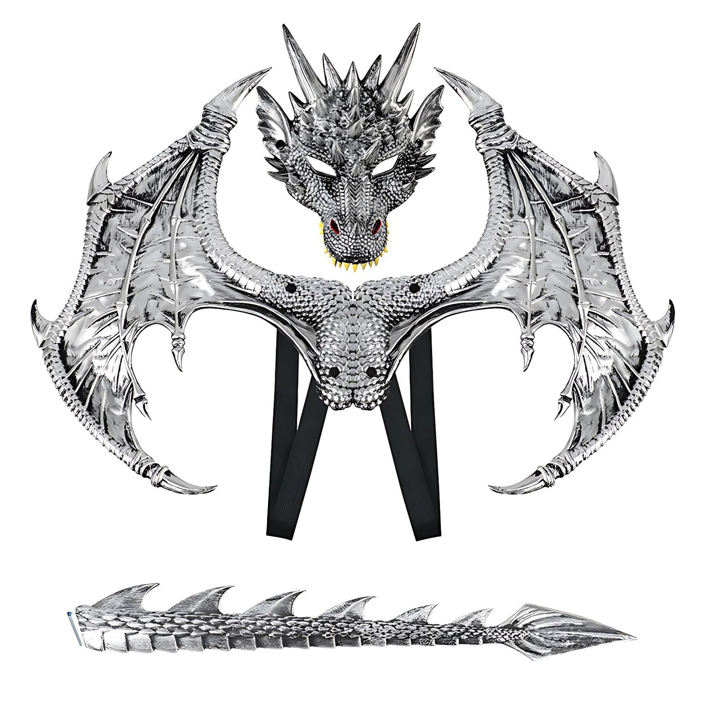 Alodidae Dragon Costumes Set Devil Wings Demon Tail Dino Mask For Halloween Masquerade Party Cosplay (Silver)