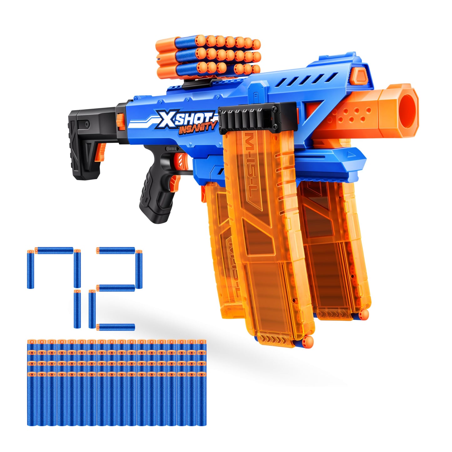 Xshot Insanity Motorized Clip Mania Dart Blaster With 48 Darts - Air Pocket Technology, Auto Feeding Belt, Tripod & Scope, Outdo