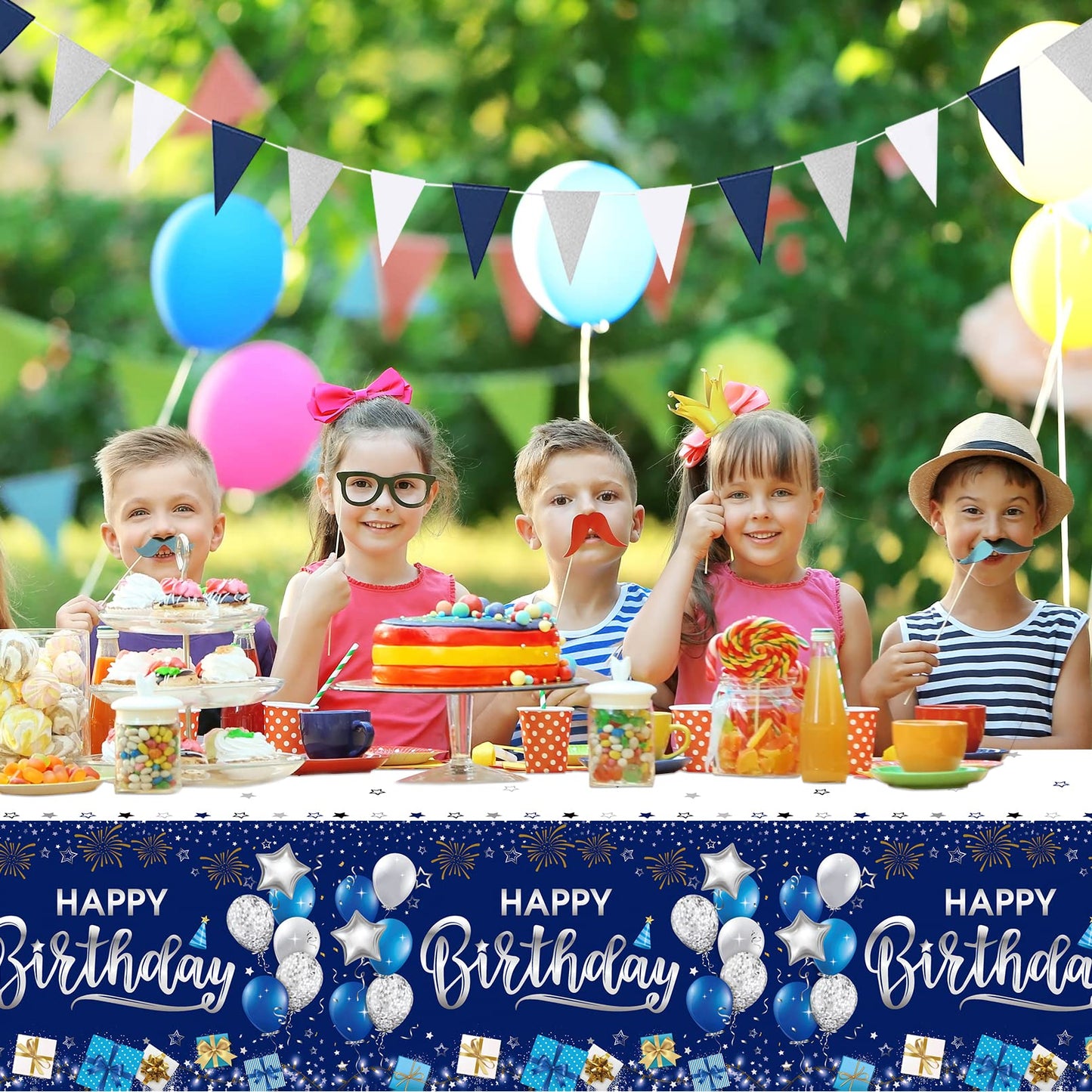 Duaiai Happy Birthday Decorations, 3 Pcs Navy Blue And Silver Birthday Tablecloth For Boys Girls Men Women, Plastic Disposable Rectangle Table Cover For Birthday Party Supplies- 54' X 108'