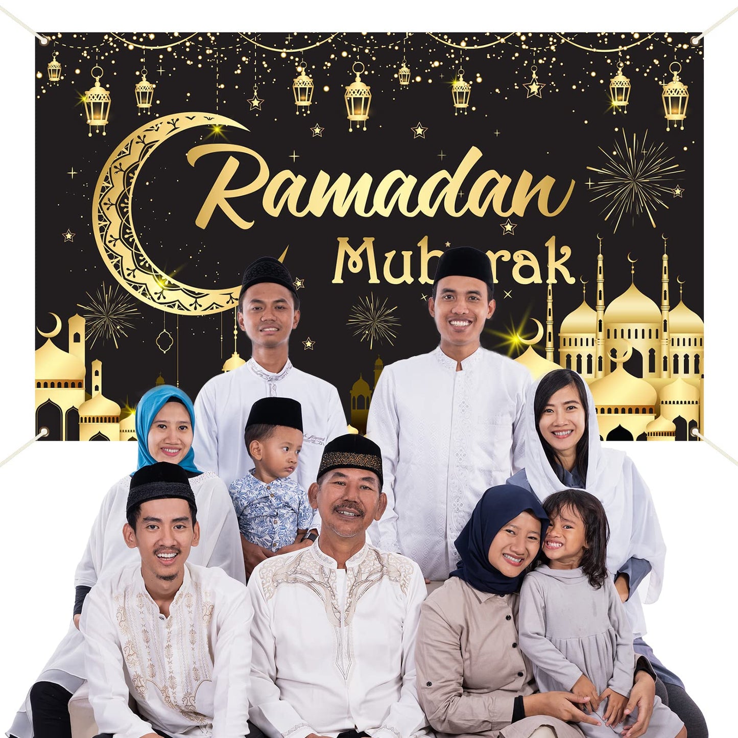 Tevxj Ramadan Mubarak Backdrop Banner - Polyester, One Size, Eid Al-Adha Party Decorations, Photo Booth Prop