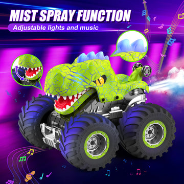 Dinosaur Remote Control Car for Kids, 2.4GHz 360 Rotating RC Monster Truck Toys for Boys Girls Age 4-7 with Spray, Light & Sound