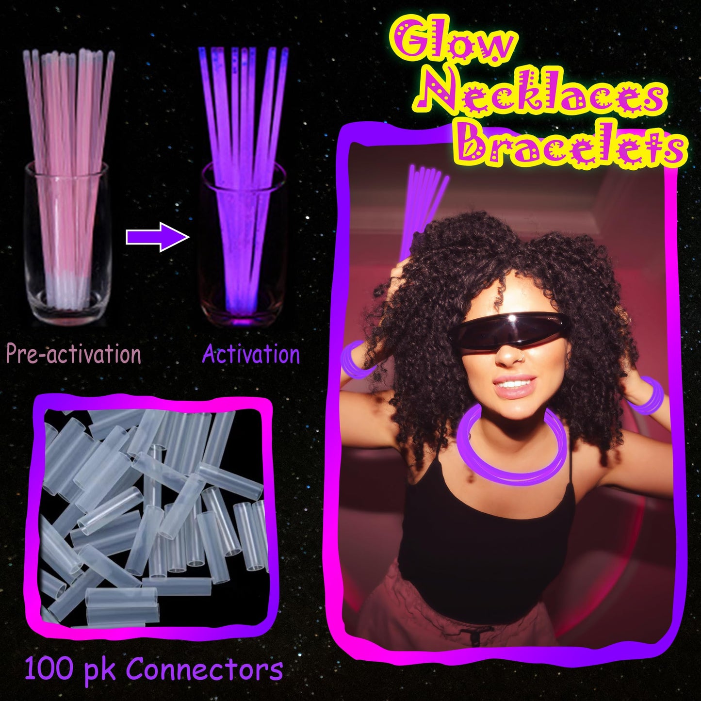 Ilhsty 100 Pcs 8'' Purple Glow Sticks Glow Necklaces In The Dark Party Favor Supplies Bright Glowsticks Bulk With Accessories Fo