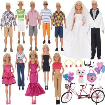 Eutenghao 30Pcs Doll Clothes And Accessories For 12 Inch Boy And Girl Doll Includes 12 Set Wear Clothes Jeans And Wedding Dresses Tandem Bike Glasses Dog Bag And Colorful Balloons For 12 Inch Dolls