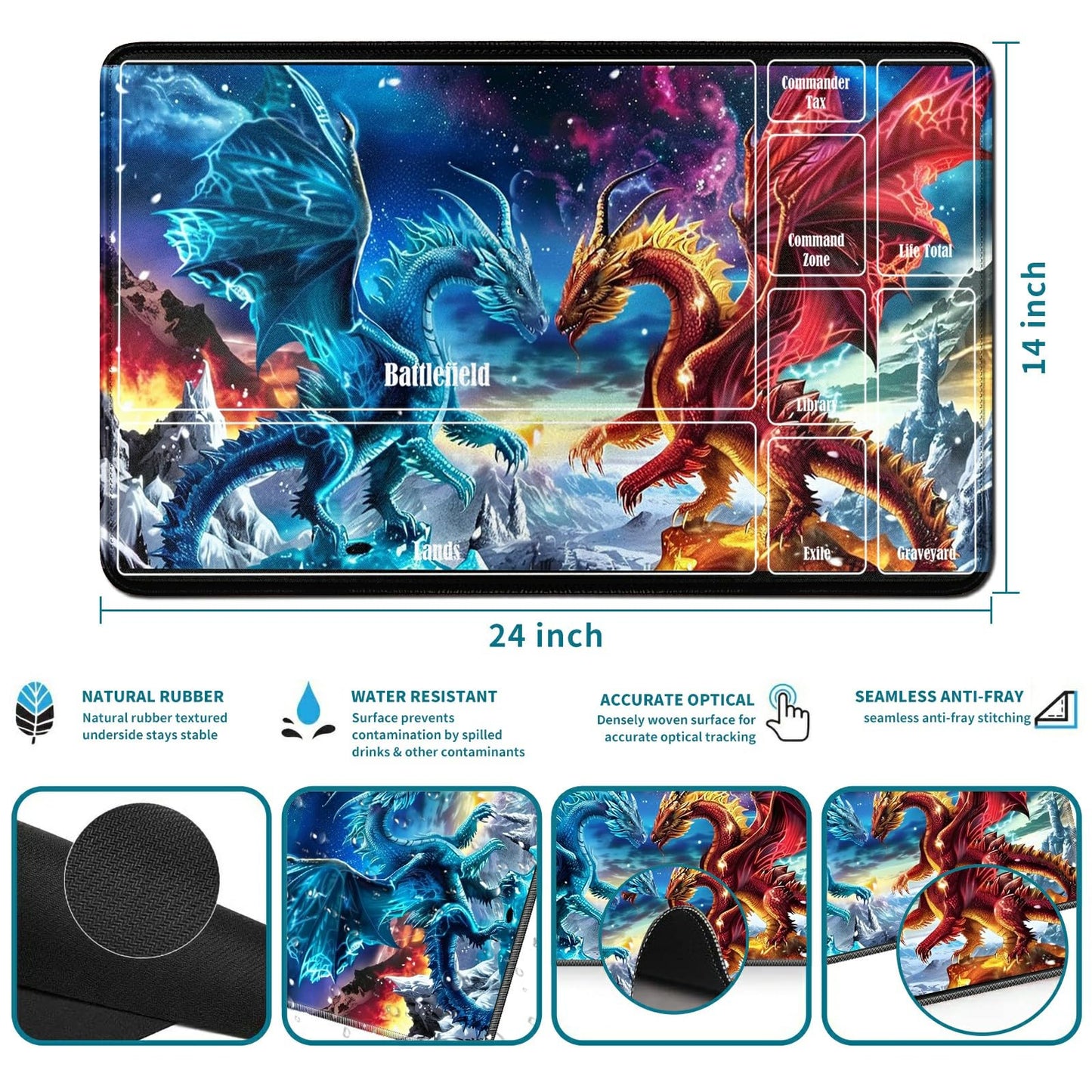 RWUTYTIUL Flaming Dragon Card Playmat 24 X 14 Inch with Tube Bag, Card Gameplay Board with Zones Commander Deck MTG RPG CCG TCG