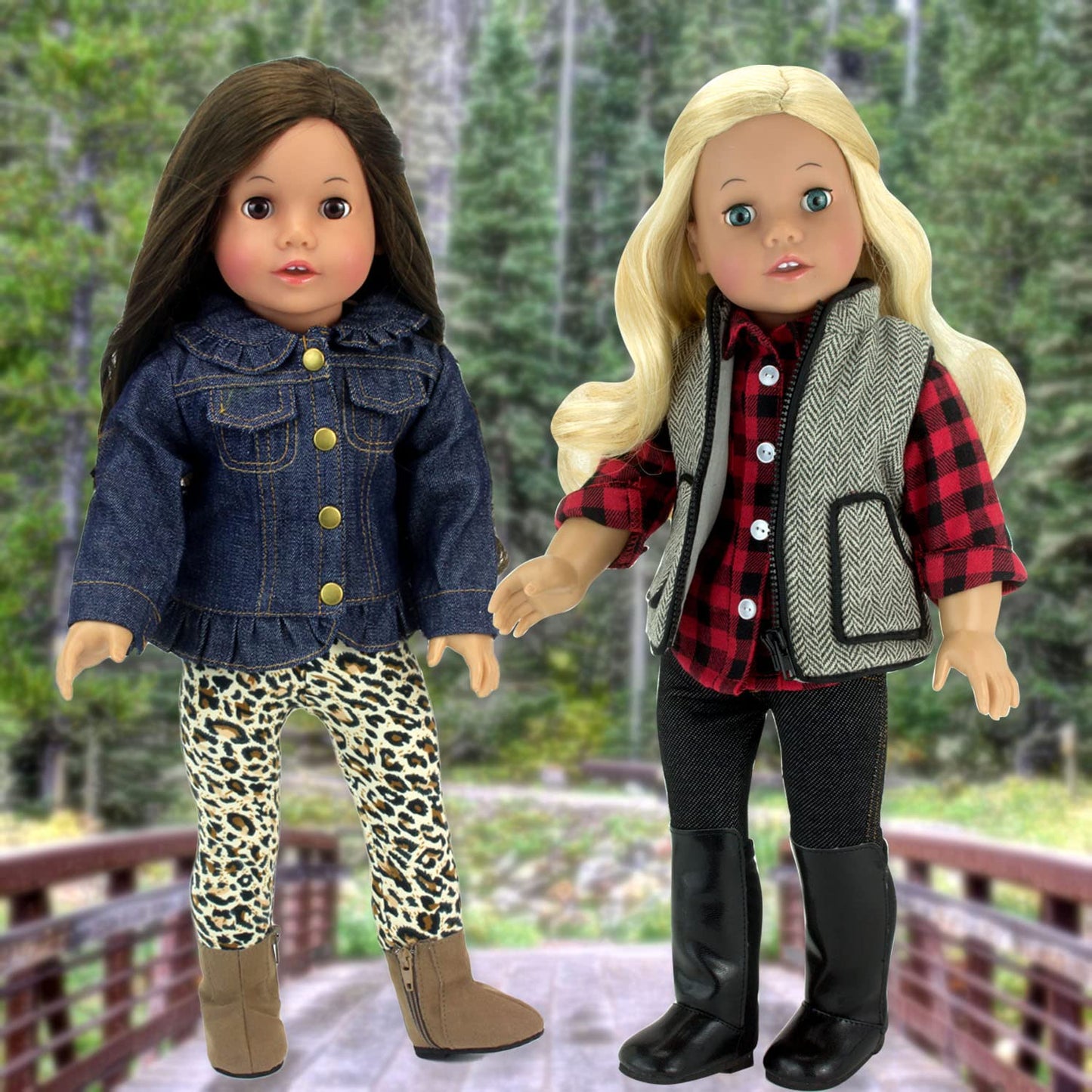 Sophia'S Ruffle Denim Jean Jacket, Animal Print Leggings, And Brown Suede Ankle Boots With Zipper Outfit 3 Piece Set For 18' Dolls, Brown