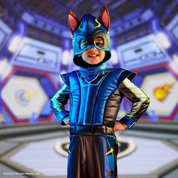 Chase Deluxe Toddler Costume Official Paw Patrol Halloween Outfit with protective covering and Headpiece for Kids Size (4-6)