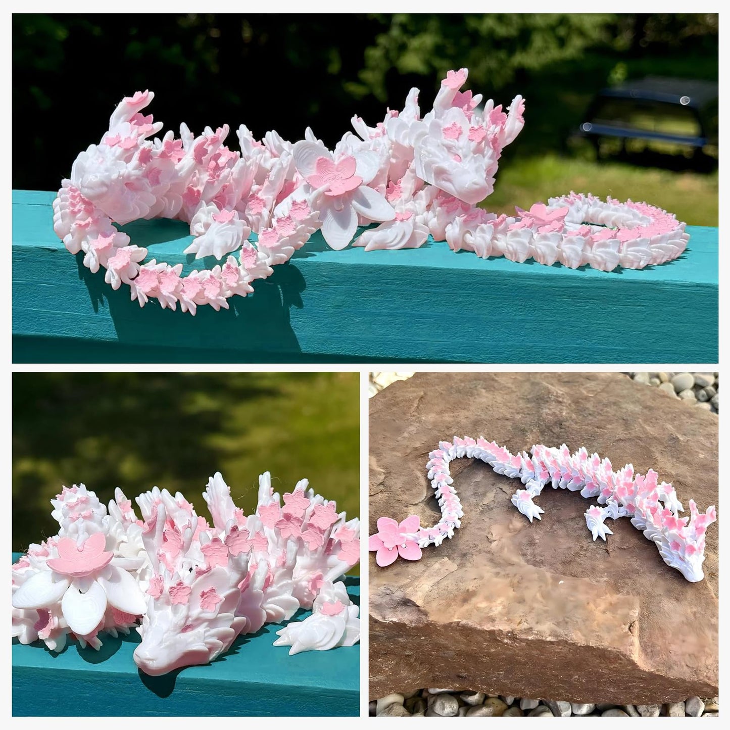 Outgoto 3D Printed Cherry Blossom Dragon - 11.8In Realistic Articulated Dragon Fidget Toy, Desk D Cor And Collectible (White Pi