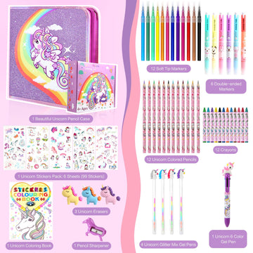 Cozyjoyz Unicorn Washable Marker Set, 59 Pcs Arts And Crafts Coloring Set For Kids, Drawing Art Supplies Birthday Gifts For Girl