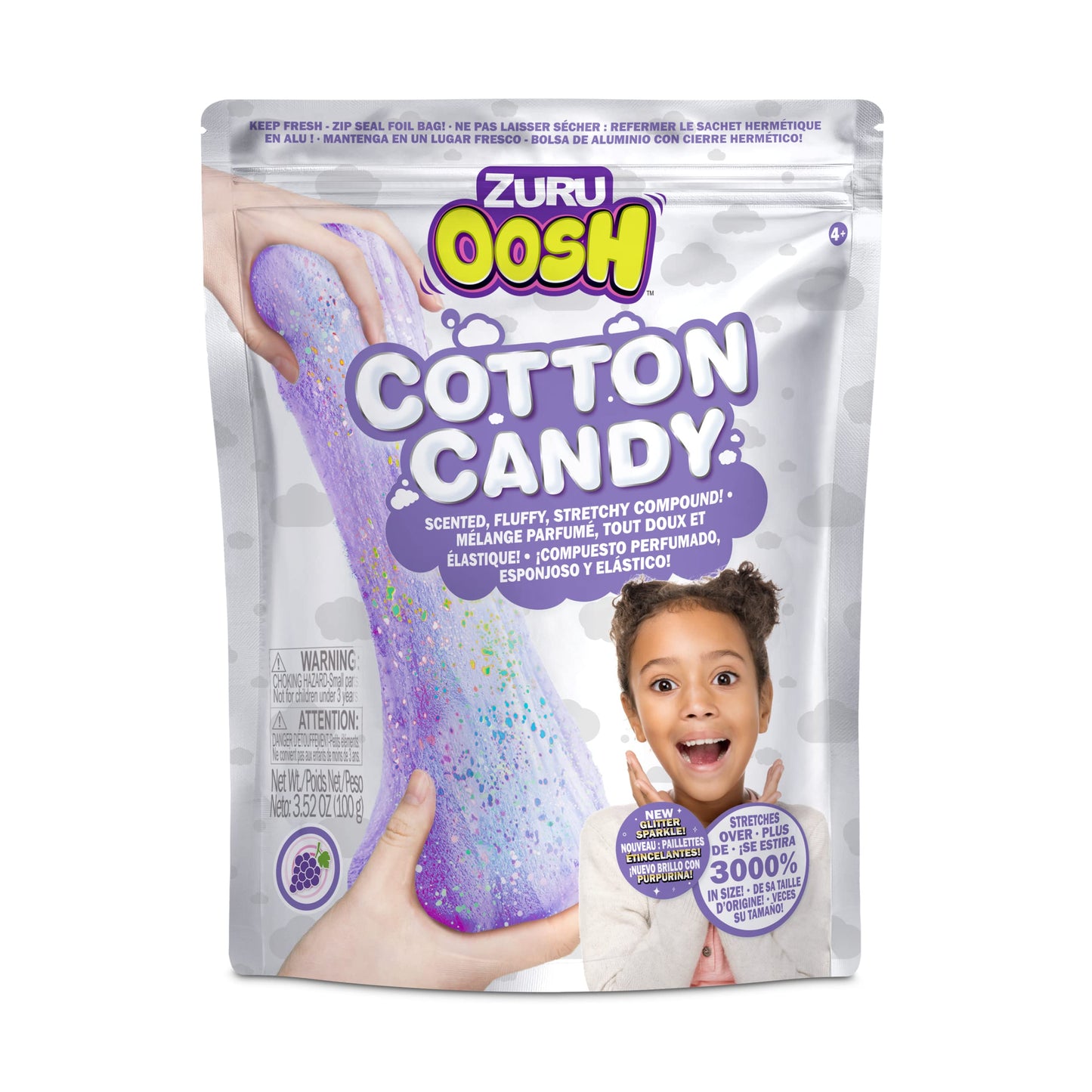 ZURU Oosh Cotton Candy Slime 100g (Grape) - Fluffy Stretch Slime that Grows 3000% in Size, Perfect for Kids and Girls, Purple Color