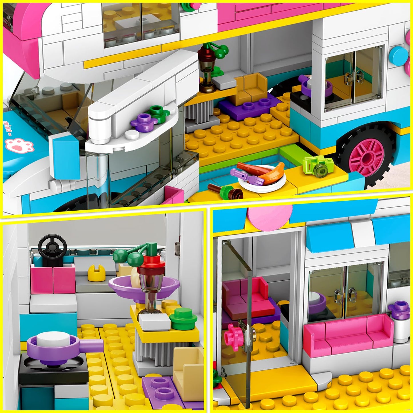 Hogokids 3-In-1 Girls Camper Van Building Set - 494Pcs Summer Beach Camping Building Blocks Sets | Food Truck Building Toys With Slide And Stickers | Gifts For Girls Boys Age 6 7 8 9 10 11 12+