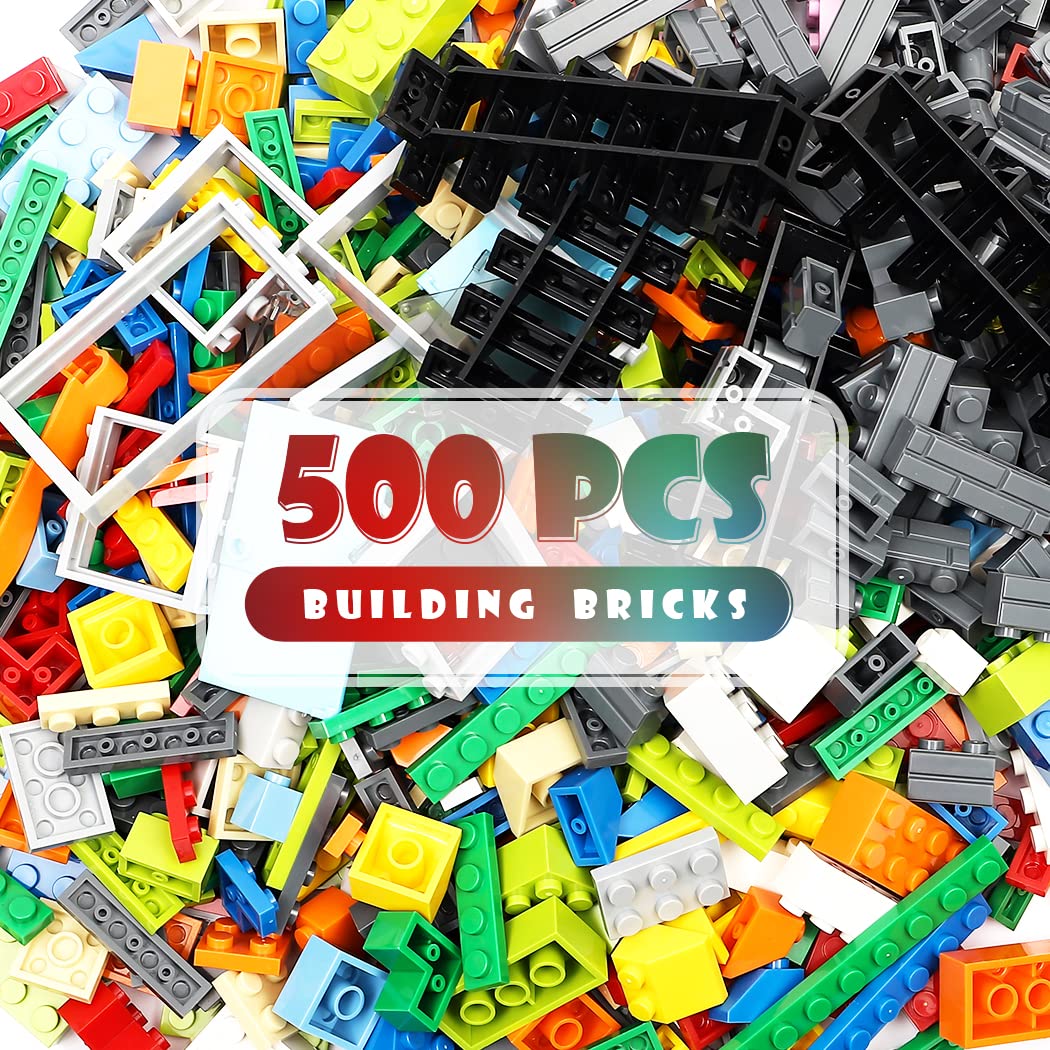 Unirolic 500Pcs Classic Building Blocks, Basic Building Bricks With Wall Blocks, Wheels, Windows & Door Pieces, Mix Colors Bulks
