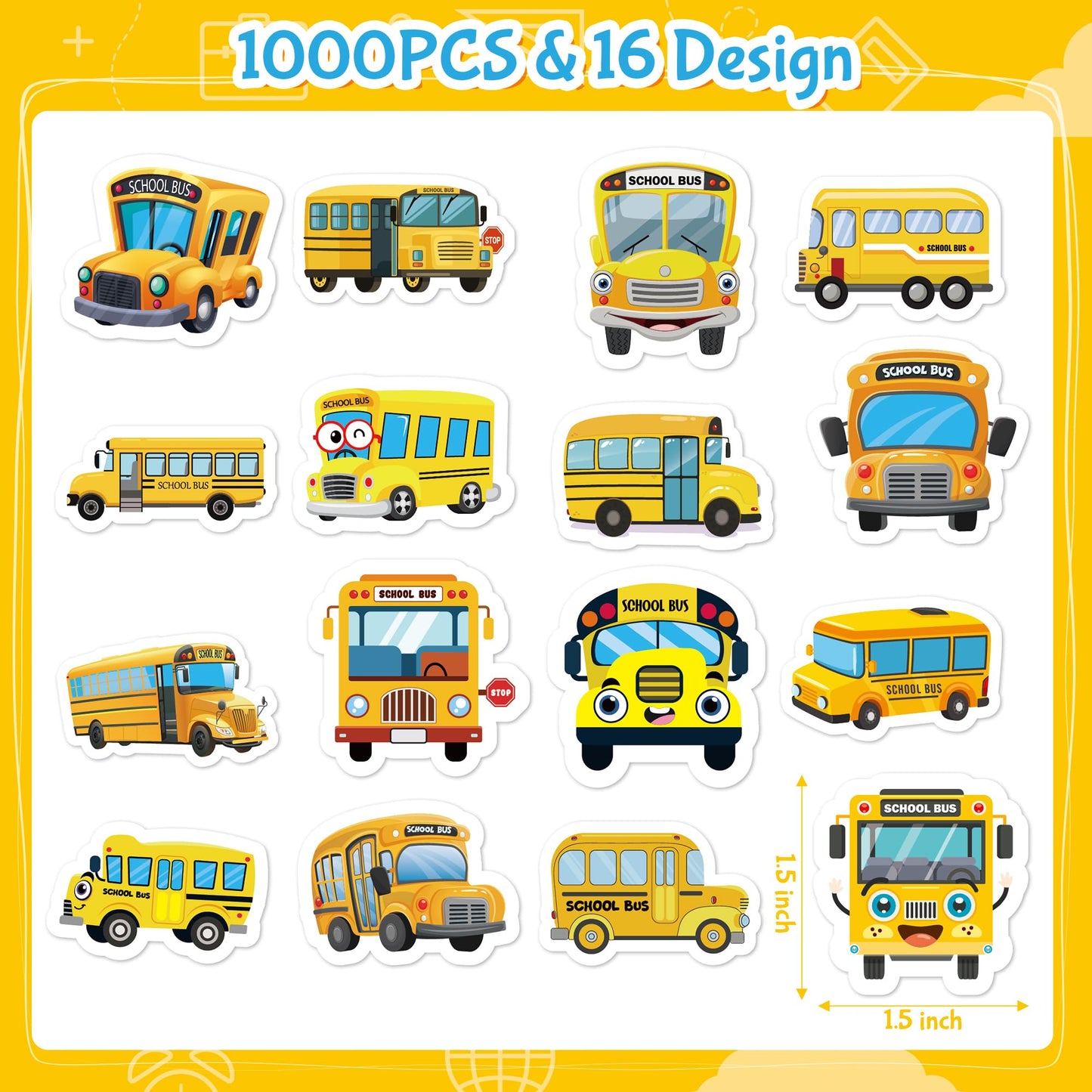 Beyumi School Bus Roll Stickers - 1000Pcs School Bus Stickers In 2 Rolls Back To School Waterproof Vinyl Cartoon Transportation Decals For Laptop Bottle Notebook Luggage Computer Classroom Decor Kids