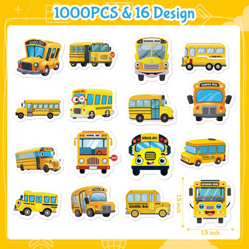 Beyumi School Bus Roll Stickers - 1000Pcs School Bus Stickers In 2 Rolls Back To School Waterproof Vinyl Cartoon Transportation Decals For Laptop Bottle Notebook Luggage Computer Classroom Decor Kids