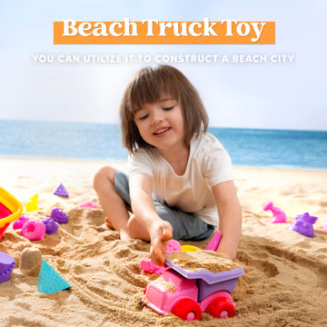 Sloosh Beach Sand Toys Set - Pink Dump Truck Car Toys with Sand Molds Toddlers Outdoor Play, Collapsible Buckets Mesh Bag Sand S