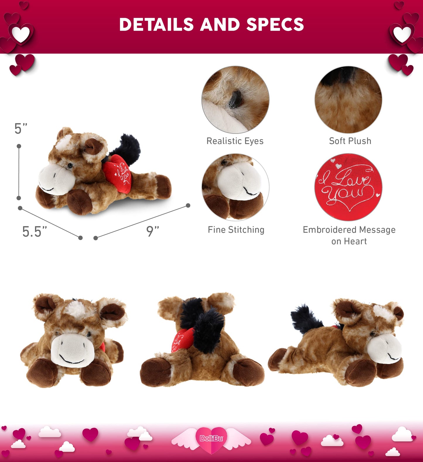 Dollibu I Love You Valentine Plush Lying Brown Donkey - Cute Stuffed Animal With Red Heart And Name Personalization Gift For Valentines Day, Birthday, Anniversary - 9 Inches