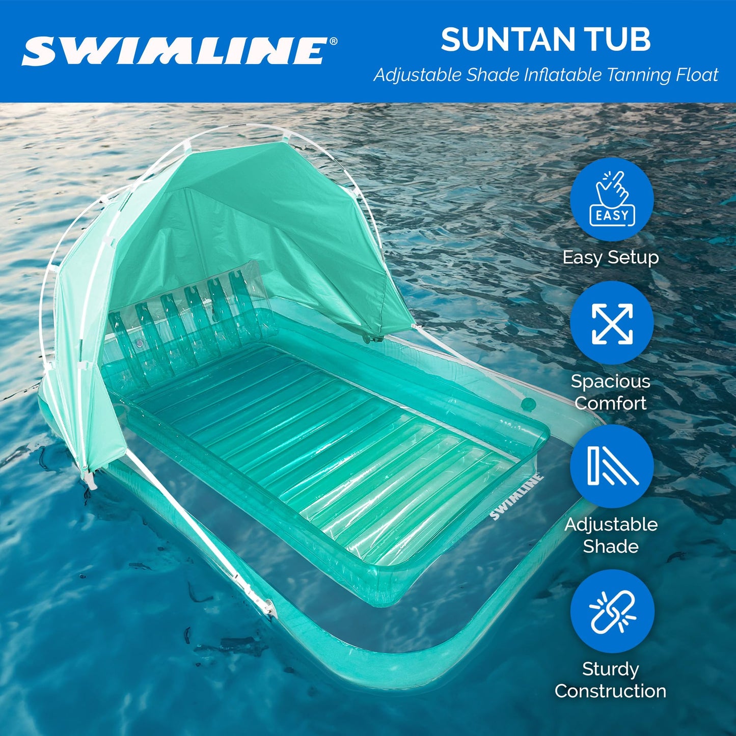 Swimline Original Suntan Tub Mint W/ Adjustable Shade Inflatable Tanning Float Floating Lounge | Personal Tan Pool Hybrid Lounge