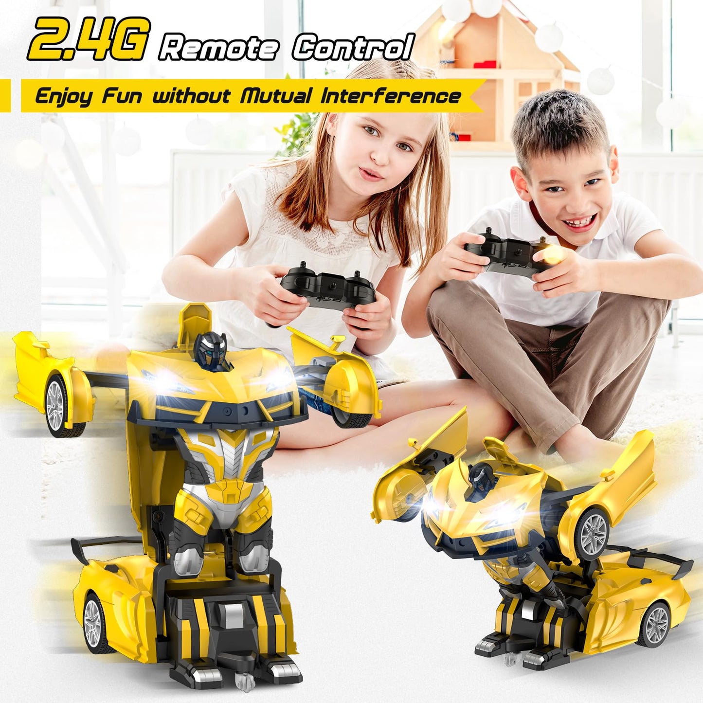 Qumcou Remote Control Car, Transform Robot RC Cars with Cool Headlights, 2.4Ghz Kids Toys Car with 360 Degree Rotation and One-B