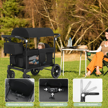 TODEFULL Wagon Stroller for 2 Kids All-Terrain Stroller Wagon Foldable Kids Wagon Cart Featuring with Harnesses Adjustable Double Push Handle Removable Canopy Snack Tray Large Storage Bag Black
