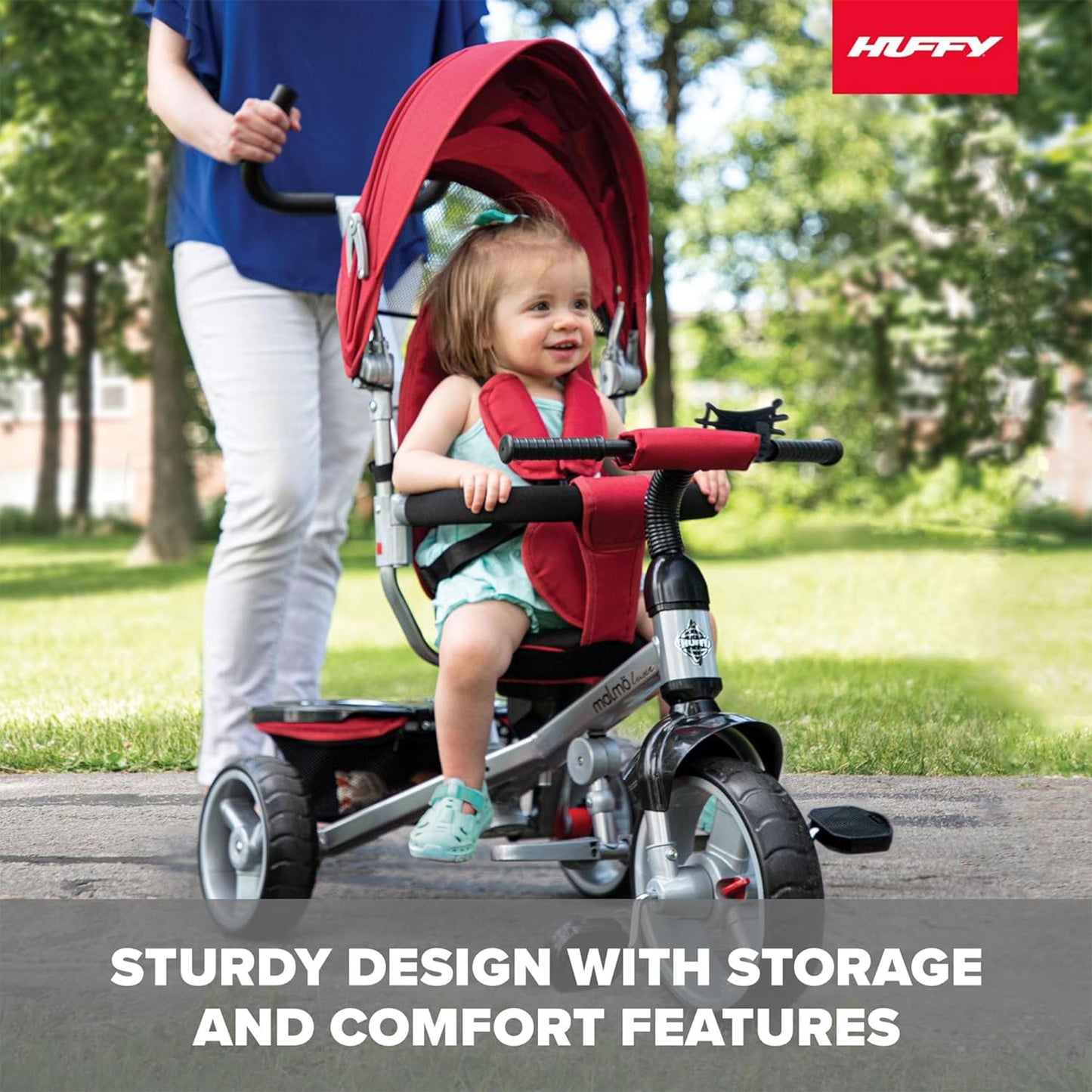 Huffy Malm Luxe 4-in-1 Canopy Trike with Push Handle, Cup Holder & Rear Storage Red