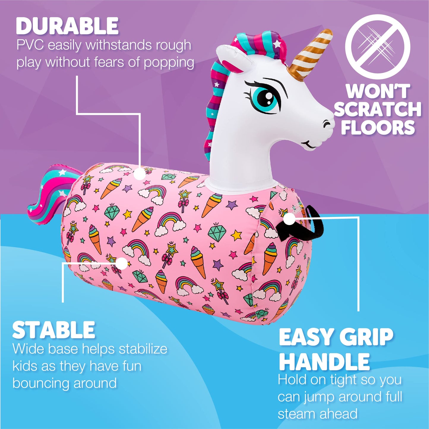 WADDLE Hip Hopper Inflatable Bouncer, Pink Unicorn, Supports Up to 85 lbs, Ages 2+, Model WD21428UN, Durable Plastic