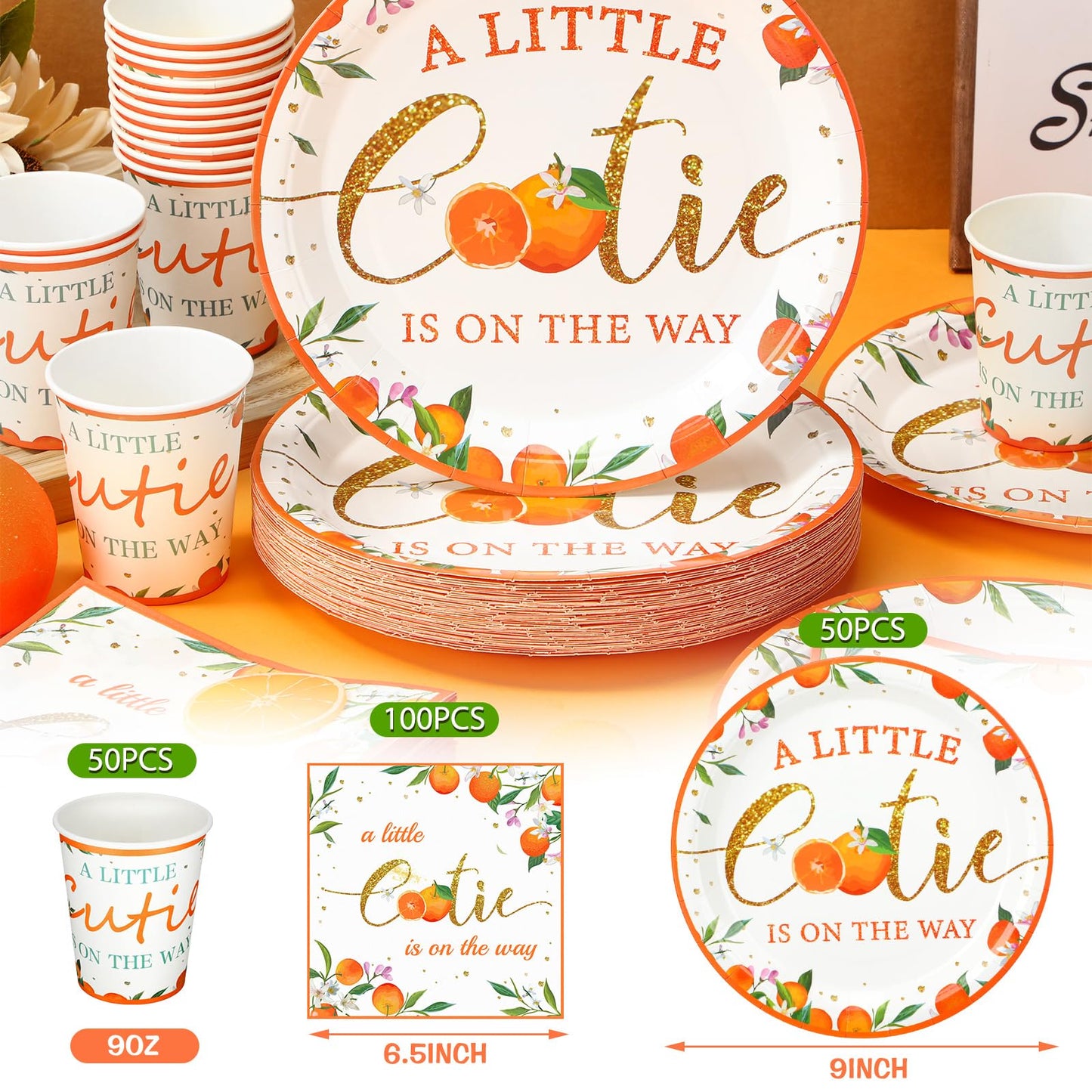 200 Pcs Little Cutie Baby Shower Paper Plates Napkins Cups Orange Baby Shower Party Supplies Tableware Set Orange Disposable Cup