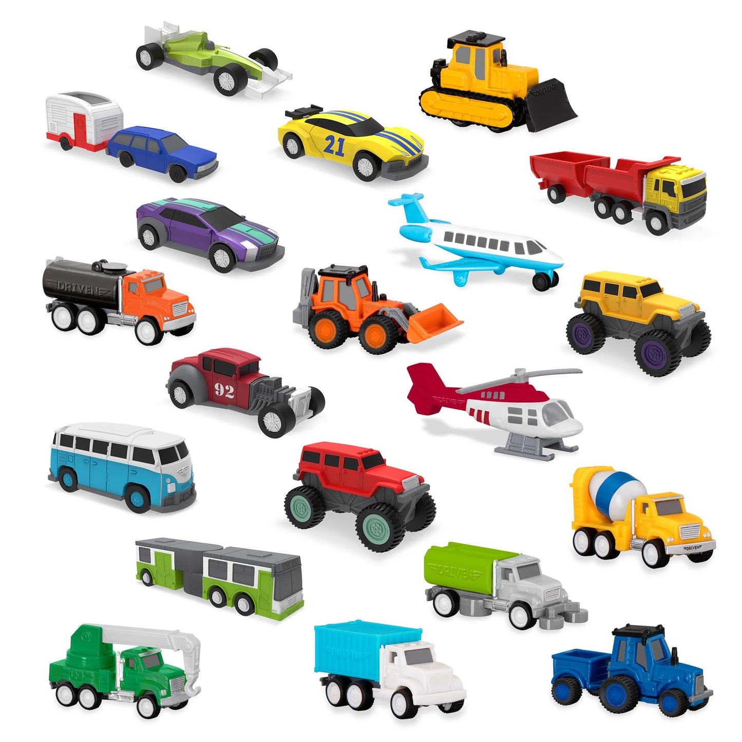 Driven by Battat - Pocket Fleet 1 - 20 Mini Toy Vehicles - Camper Van, Construction Trucks, Cement Mixer, Monster Truck, Race Ca