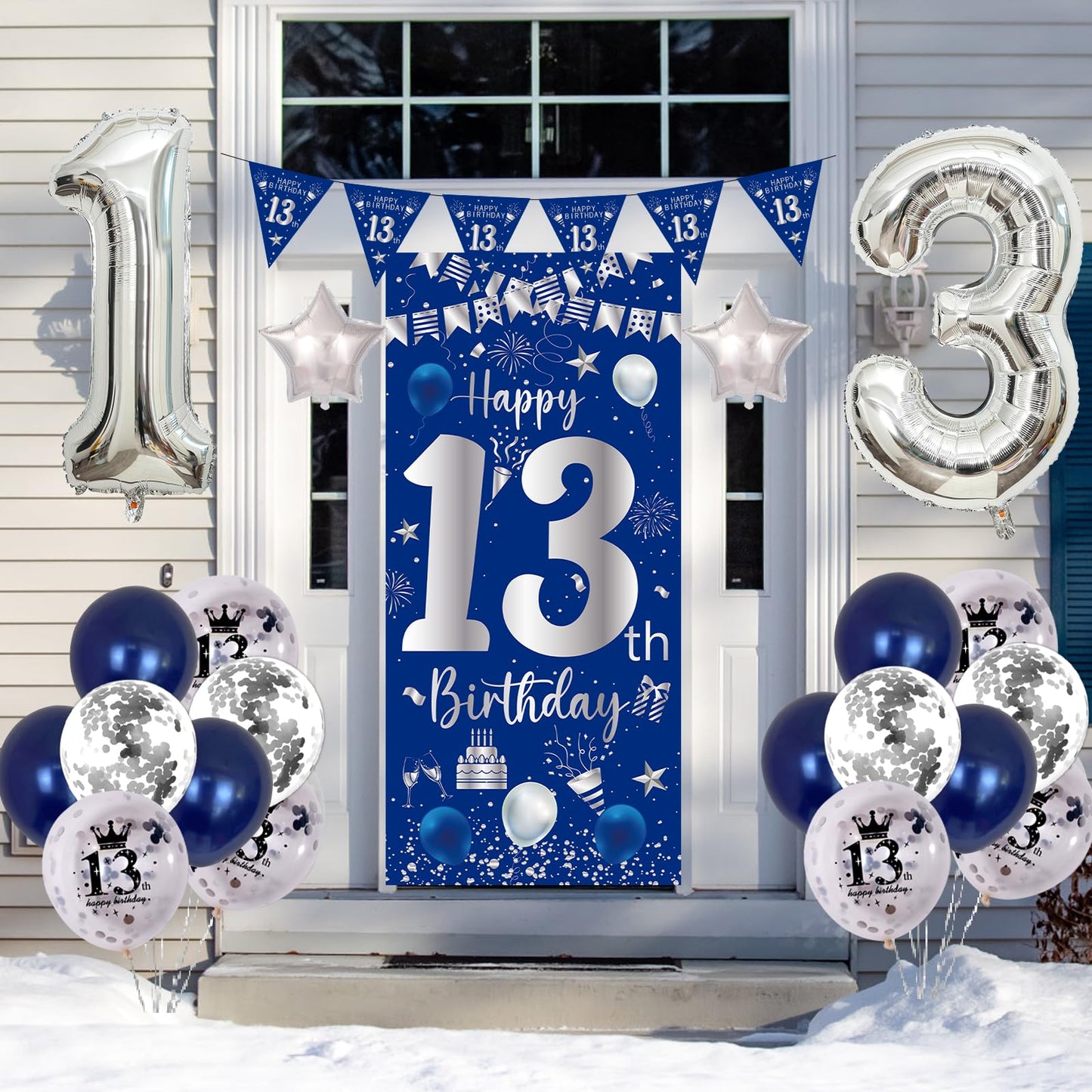 13Th Birthday Decorations For Boys Girls, Navy Blue Silver Happy 13Th Birthday Door Banner Decorations, 32'' Number 13 Foil Ball