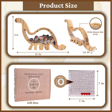 Wooden Dinosaur Piggy Bank With Clear Acrylic On Both Sides - Piggy Bank For Kids And Adults - Coin Bank, Money Bank For Saving,