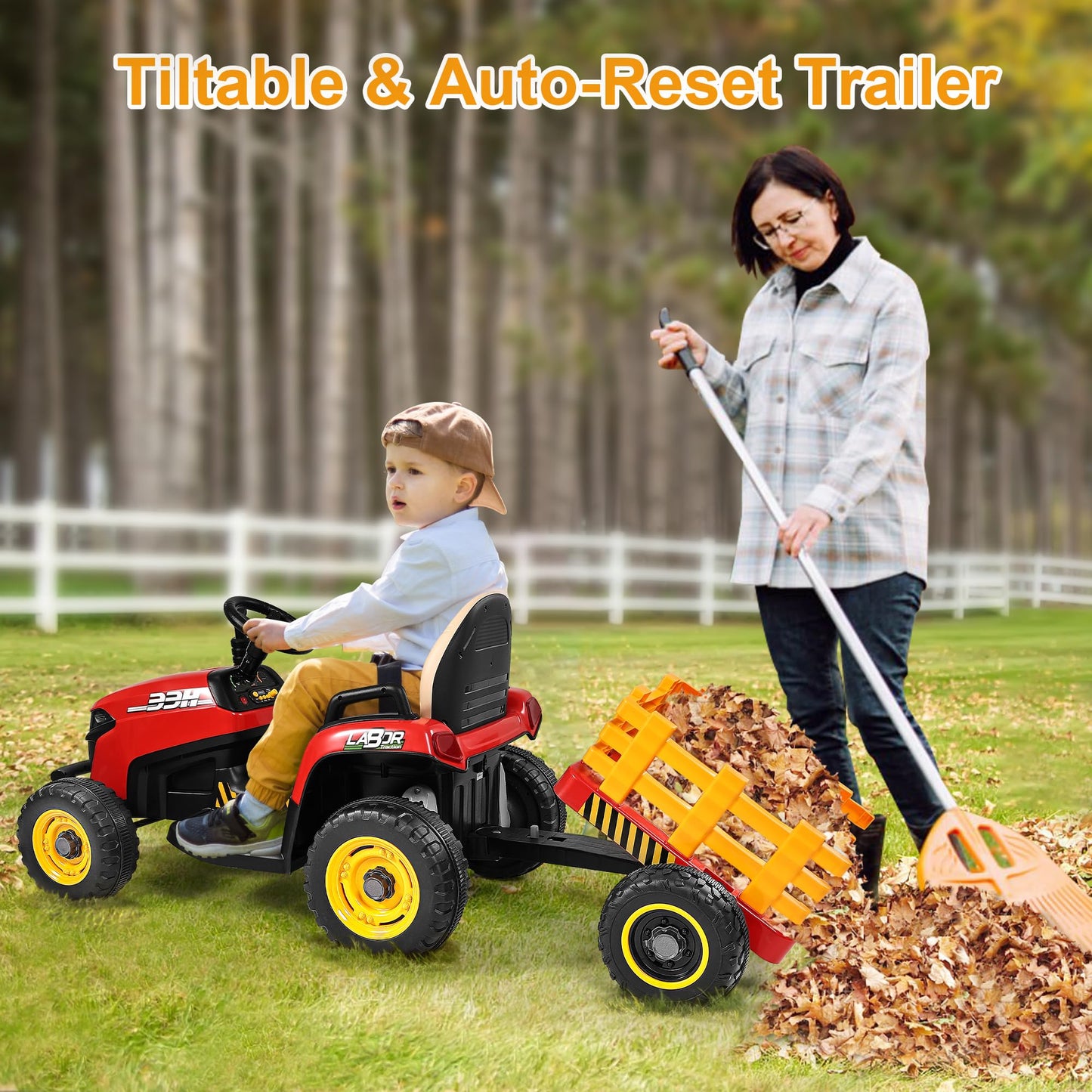 Arbeli 12V 7Ah Ride On Tractor W/Tiltable Trailer & Remote Control, 2X45W Motors, Bluetooth, Music, Shifter, Electric Car For Ki
