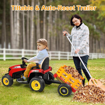 Arbeli 12V 7Ah Ride On Tractor W/Tiltable Trailer & Remote Control, 2X45W Motors, Bluetooth, Music, Shifter, Electric Car For Ki