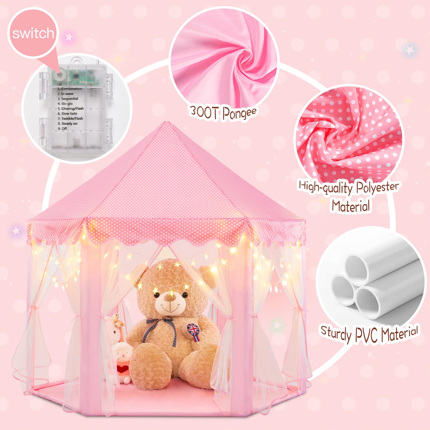 Evoionos Princess Tent For Girls, Kids Tent Indoor, Girls Tent With Star Lights, Pink Play Tent For Toddlers, Princess Castle Pl