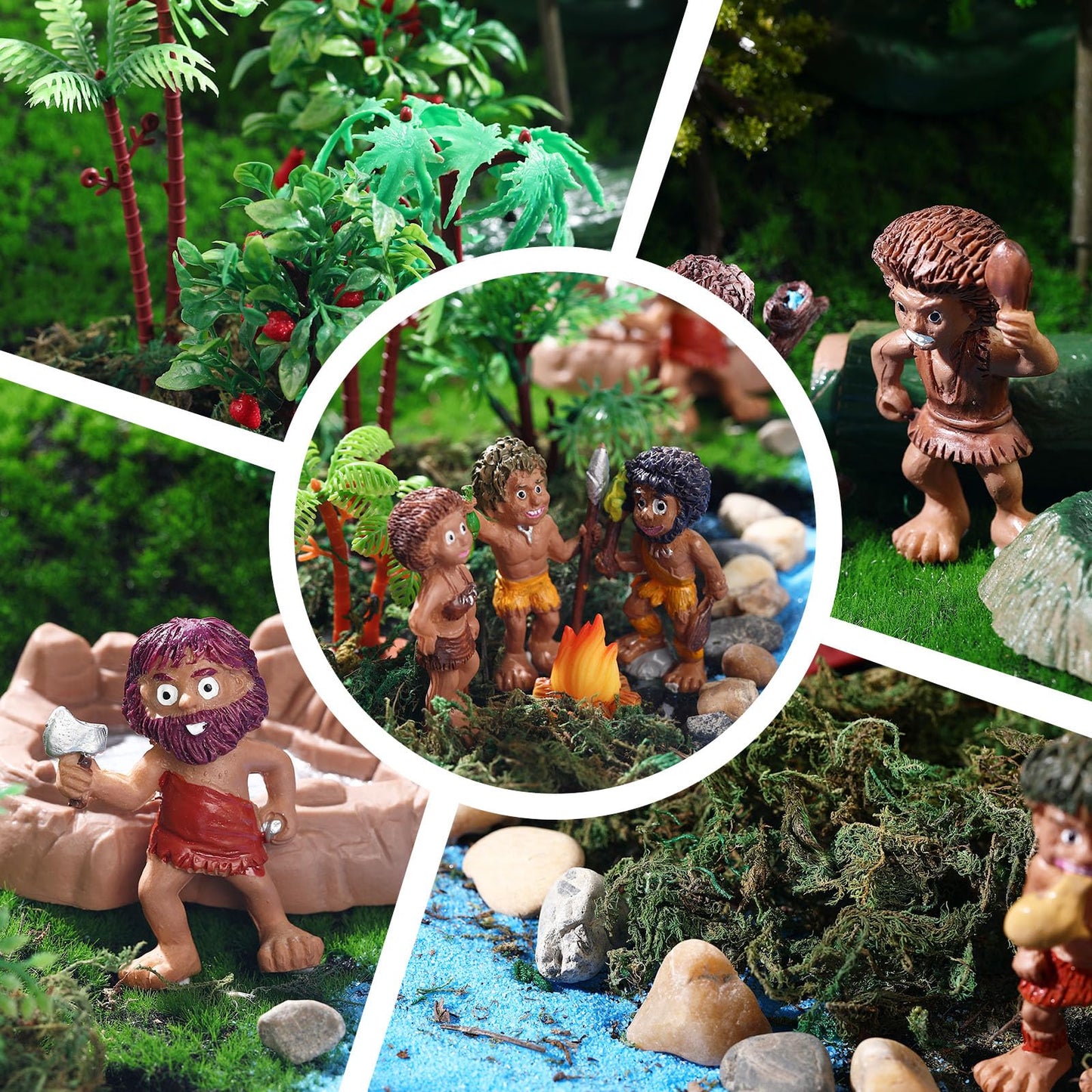 Roundfunny 27 Pcs Primitive Man Figurines Kit, Include Diorama Supplies Mini People Figures Mixed Model Trees Stone Sand For Dio
