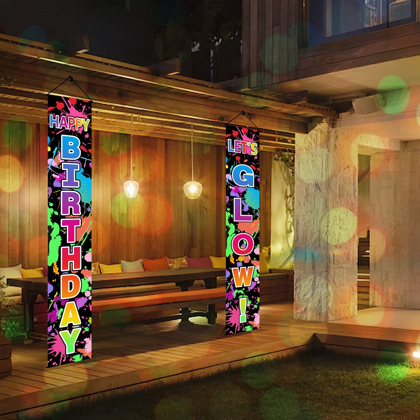 Glow Neon Birthday Party Decorations Supplies, Lets Glow & Happy Birthday Door Banner Sign Supplies, Glowing Themed Birthday Por