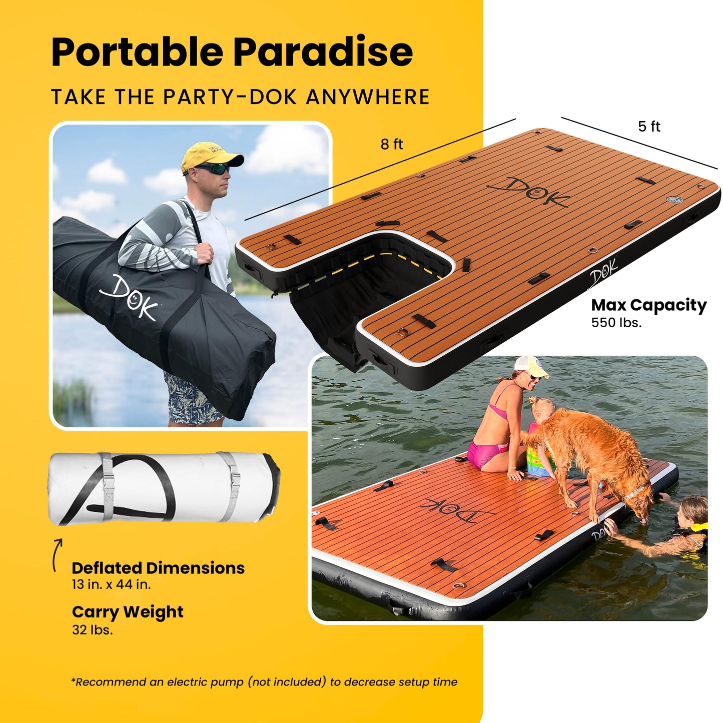 DOK Inflatable Dock Platform - 8' x 5' Non-Slip EVA Foam, Black, Military Grade, Water Ramp for Pool, Dock & Lake Access