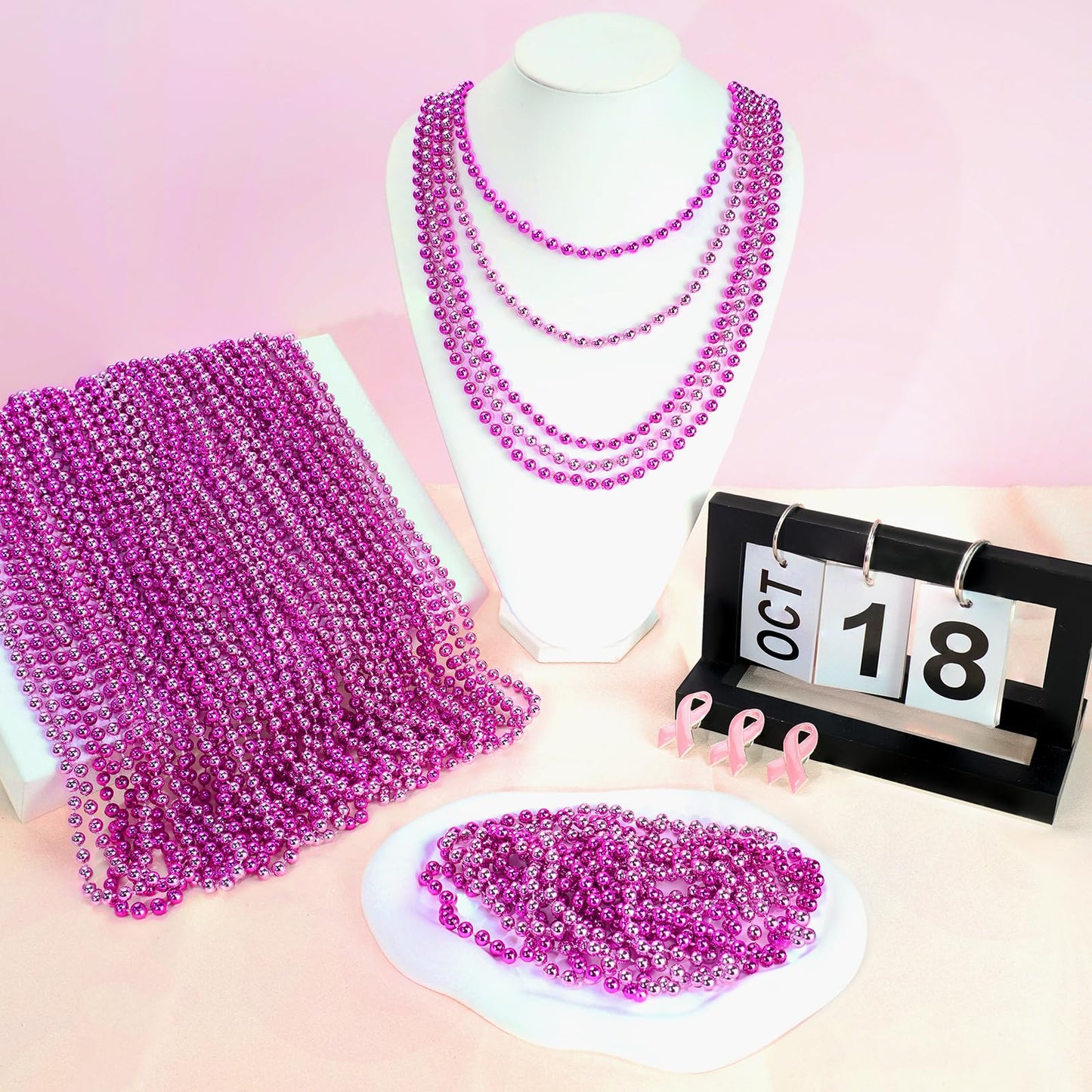 SHAOQINLIN 12 PCS Breast Cancer Awareness Necklaces, Hot Pink Bead Necklace, 33'' Breast Cancer Bead Necklaces, Breast Cancer Aw