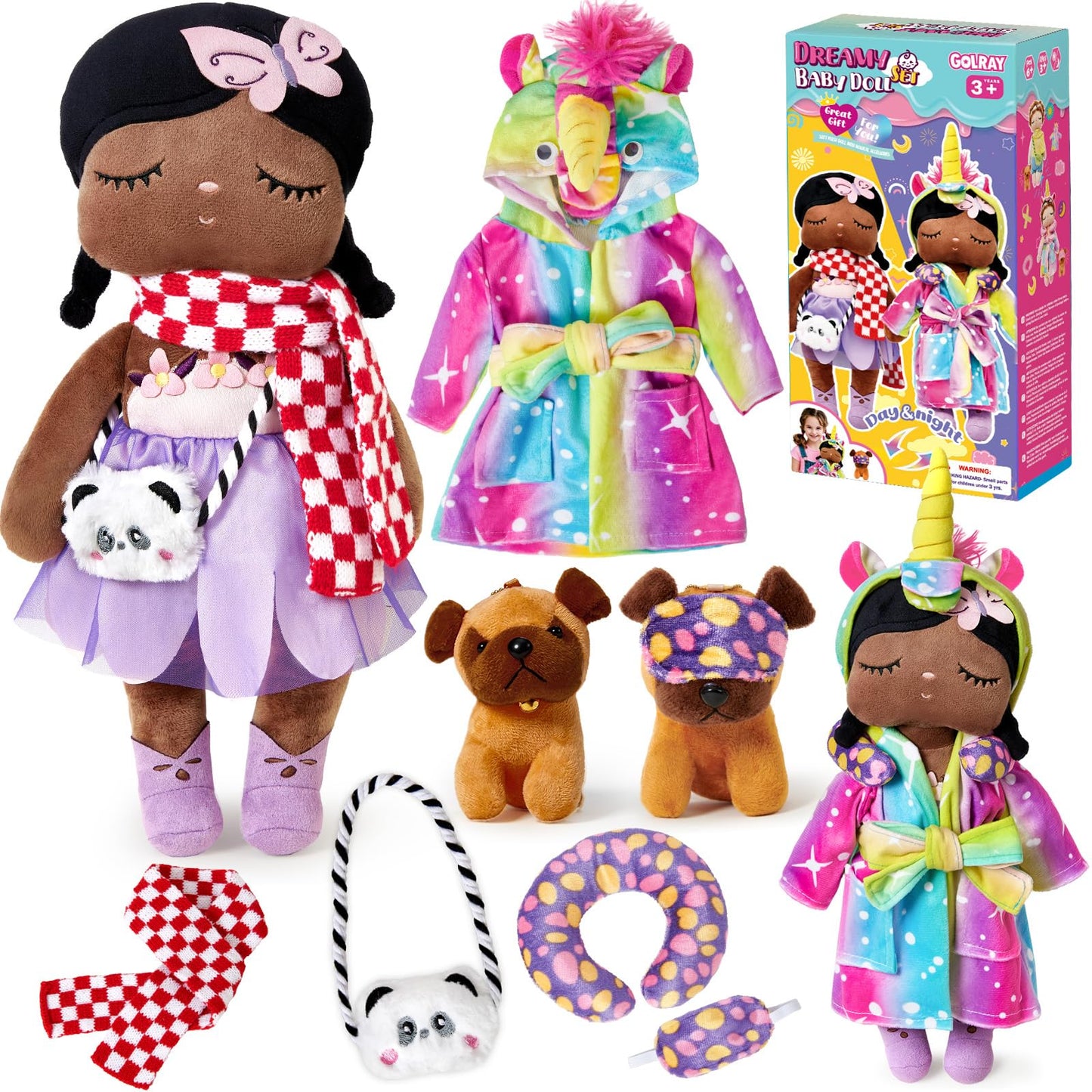 Golray 13 Soft Balck Baby Doll for Girls - My First Baby Doll with Unicorn Dolls Clothes, Red Scarf and More, Pretend Play Toy