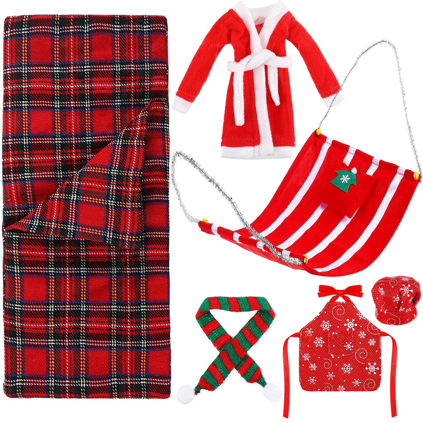 Christmas Elf Doll Accessories Set Includes Christmas Plaid Sleeping Bag Plush Nightgown Apron Chef Hat Scarf And Hammock For Ch