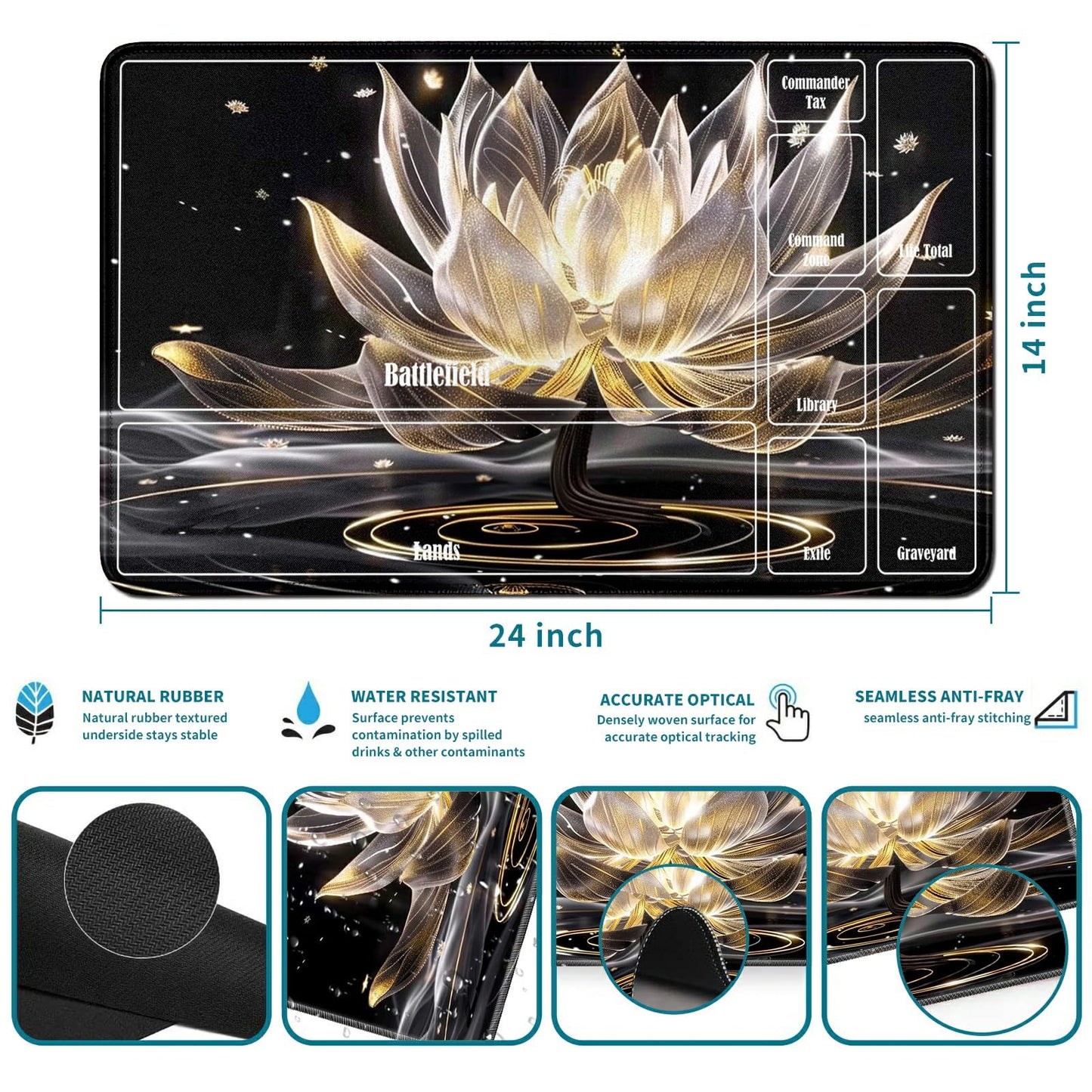 Rwutytiul Lotus Card Playmat 24 X 14 Inch With Tube Bag, Card Gameplay Mat With Zones Commander Deck Board Mtg Rpg Ccg Tcg Card