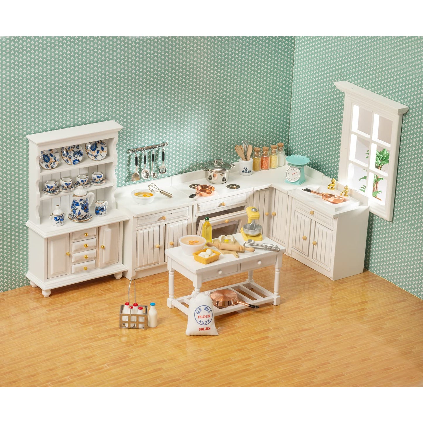 Samcami Miniature Dollhouse Furniture Kitchen Set - Kitchen Cabinet Cupboards And Tea Set – 1 12 Scale Dollhouse Accessories
