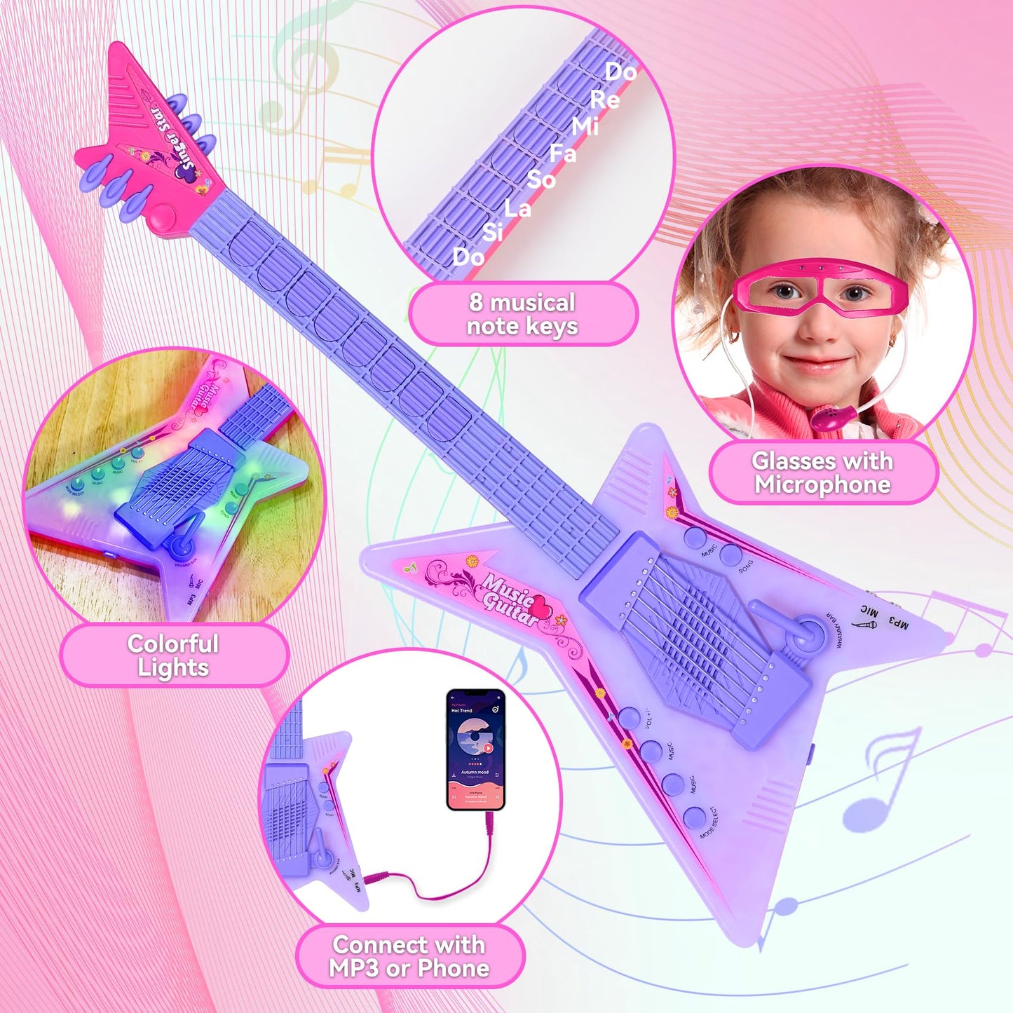 Guitar And Microphone Play Set For Girls,Kids Music Toys,Karaoke Machine With Music&Light,Music Instruments For Toddlers,Educati