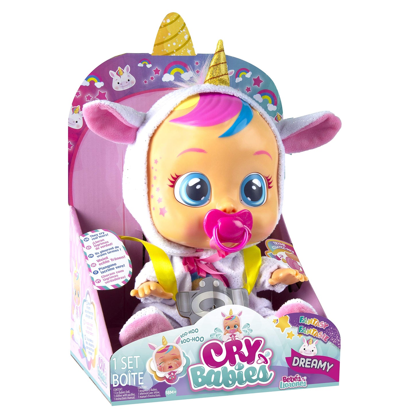 Cry Babies Dreamy The Unicorn 12” Baby Doll | Shimmery Removable Rainbow Pajamas For Girls And Kids 18 Months And Up , Pink