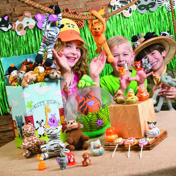 Fun Express Jungle Safari Stuffed Animals Plush Toys - Includes Monkey Tiger Elephant Giraffe Zebra & Lion -Zoo Birthday Party F